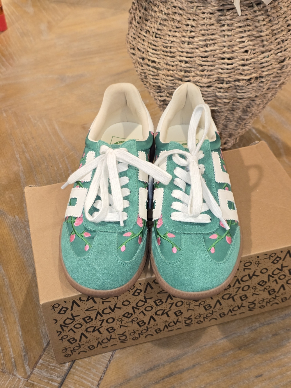 Green Suede Lace-Up Sneakers with Pink Leaf Accent